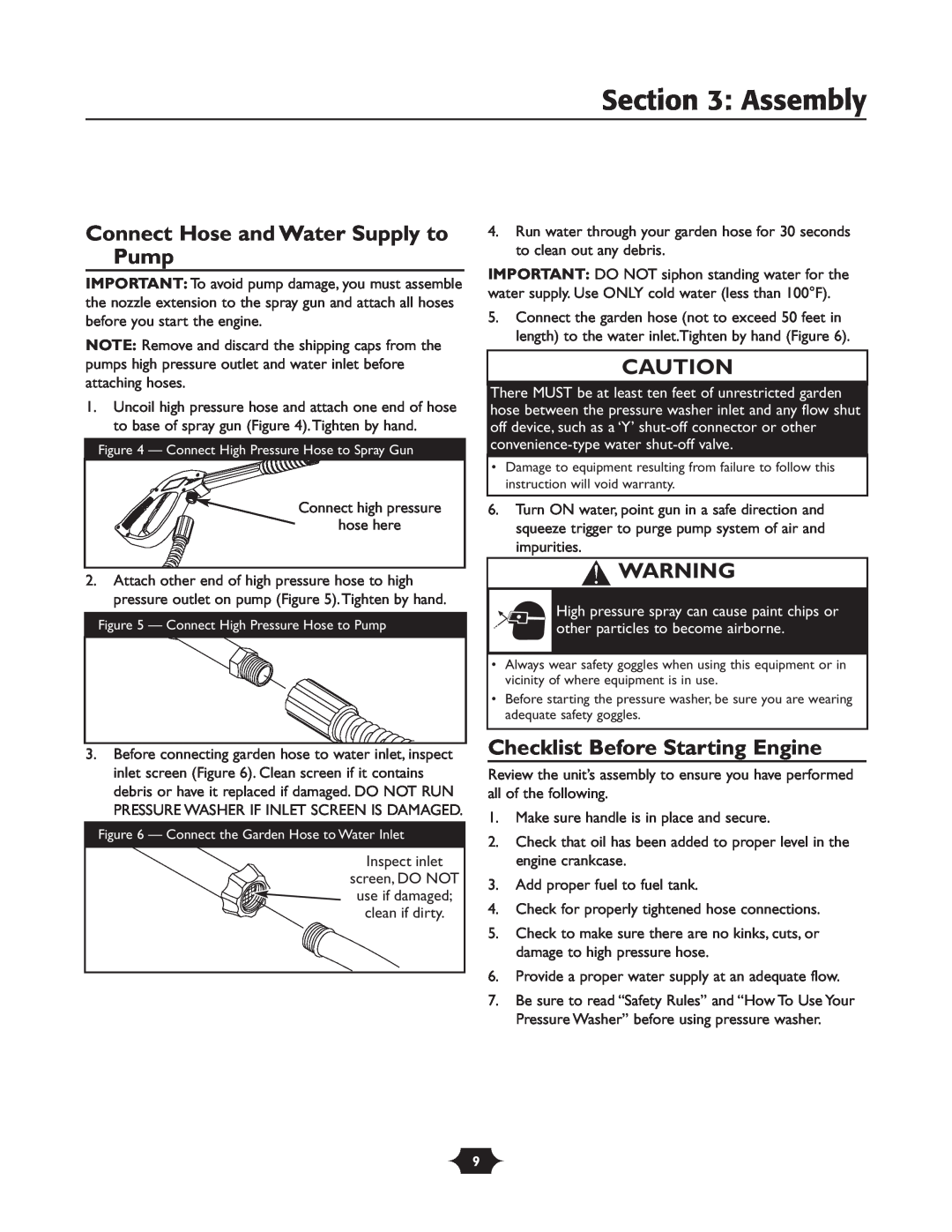 Briggs & Stratton 20270 Connect Hose and Water Supply to Pump, Checklist Before Starting Engine, Assembly 