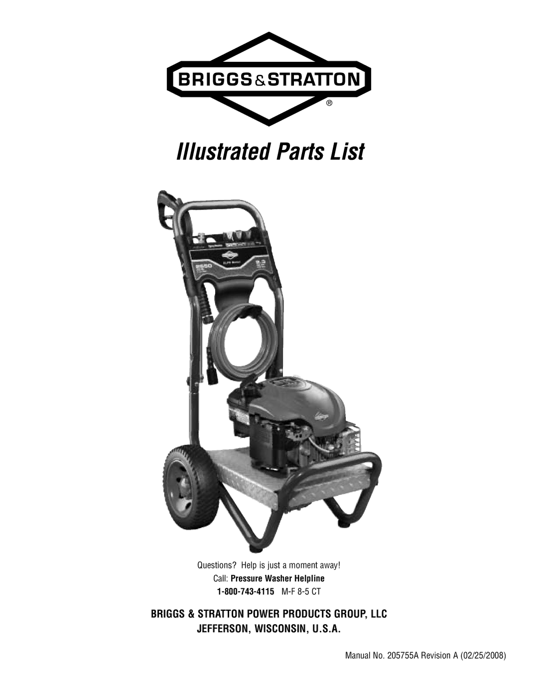 Briggs & Stratton 20273 manual Illustrated Parts List, Call Pressure Washer Helpline 