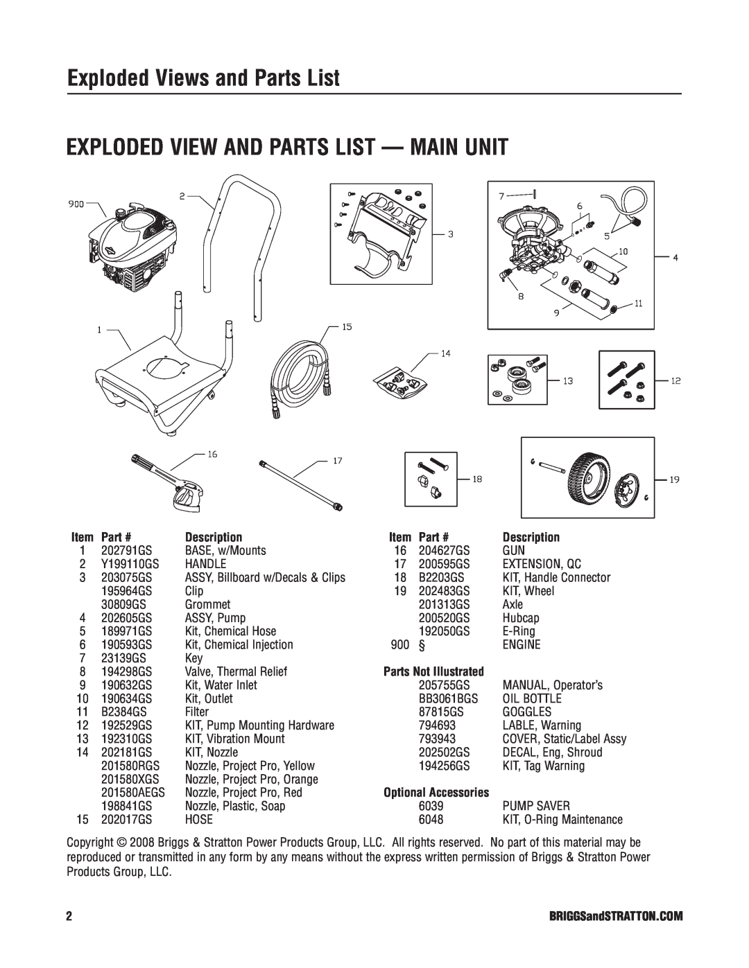 Briggs & Stratton 20273 manual Description, Parts Not Illustrated, Exploded Views and Parts List 