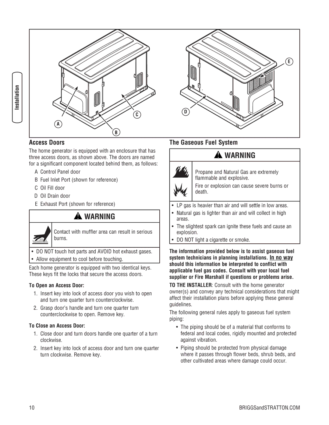 Briggs & Stratton 202826GS system manual Access Doors, Gaseous Fuel System, To Open an Access Door, To Close an Access Door 