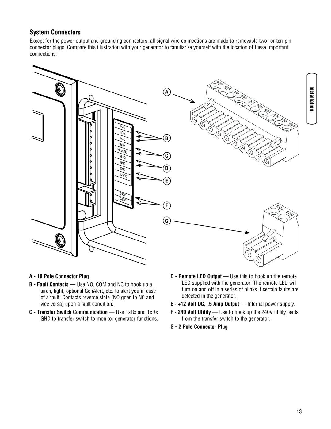 Briggs & Stratton 202826GS System Connectors, Pole Connector Plug, +12 Volt DC, .5 Amp Output Internal power supply 