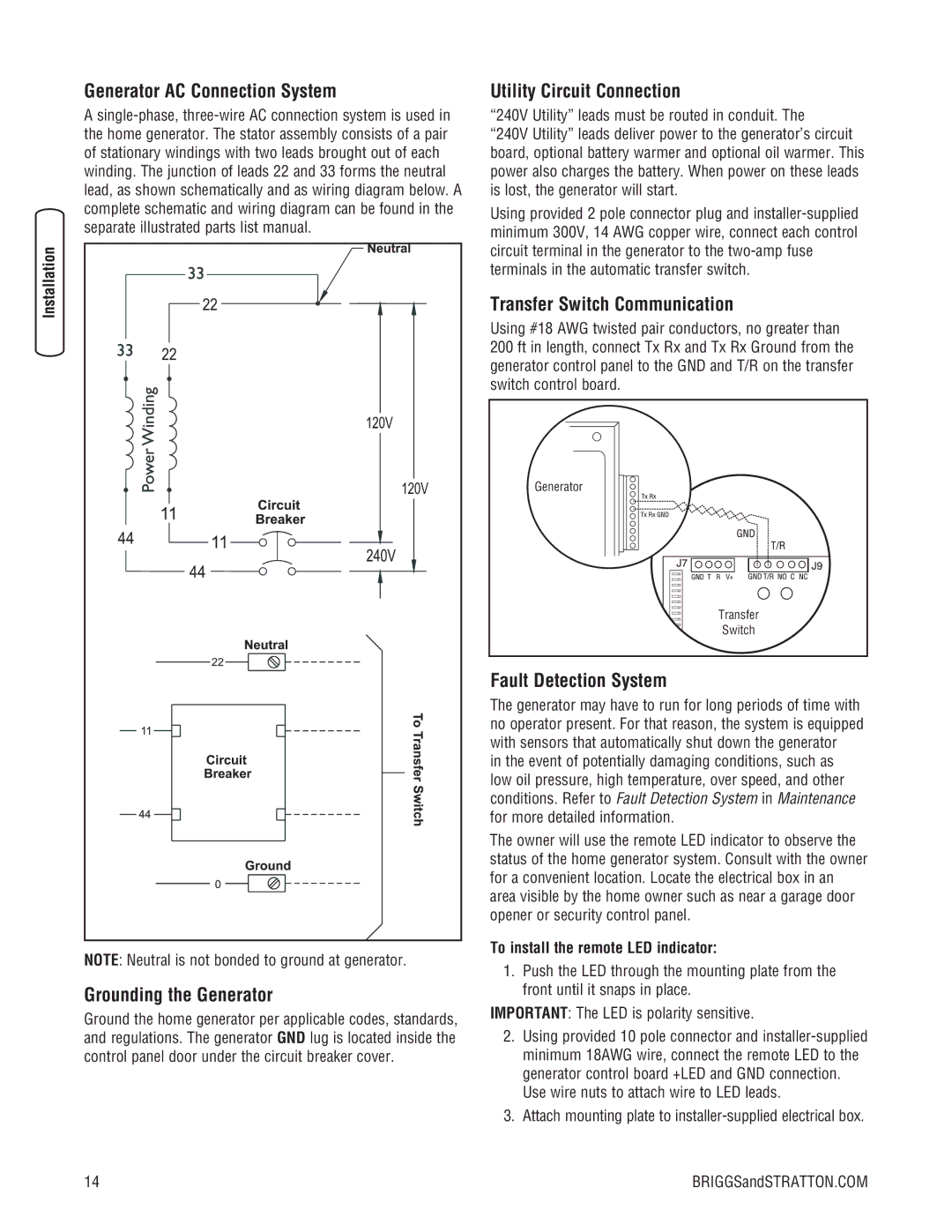 Briggs & Stratton 202826GS Generator AC Connection System, Grounding the Generator, Utility Circuit Connection 