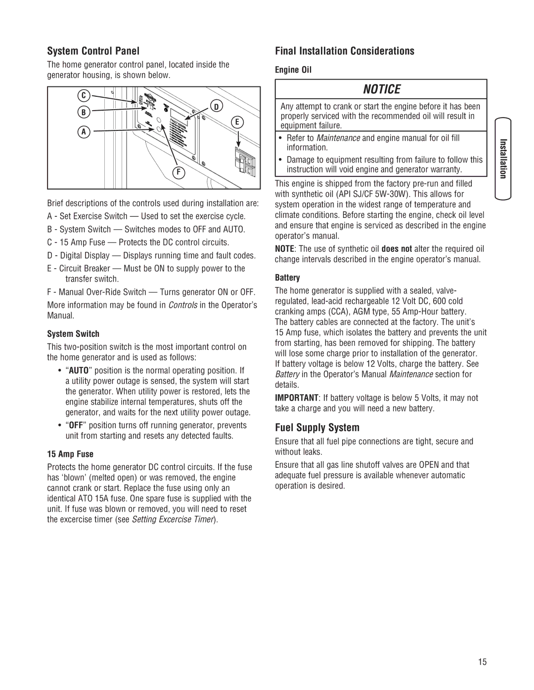 Briggs & Stratton 202826GS system manual System Control Panel, Final Installation Considerations, Fuel Supply System 