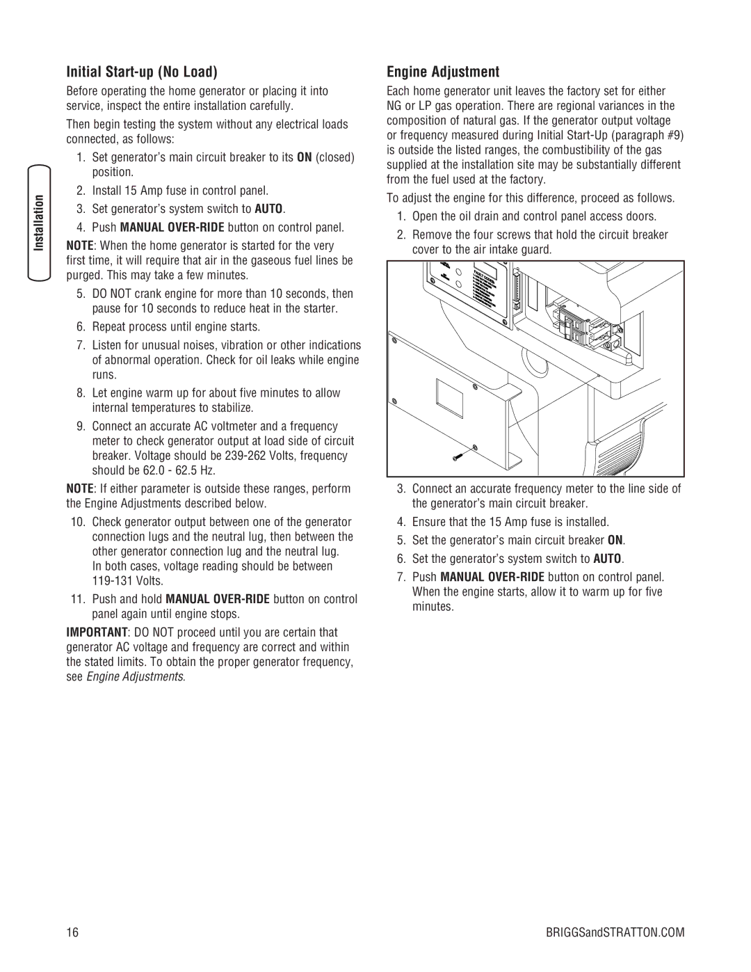 Briggs & Stratton 202826GS system manual Initial Start-up No Load, Engine Adjustment 