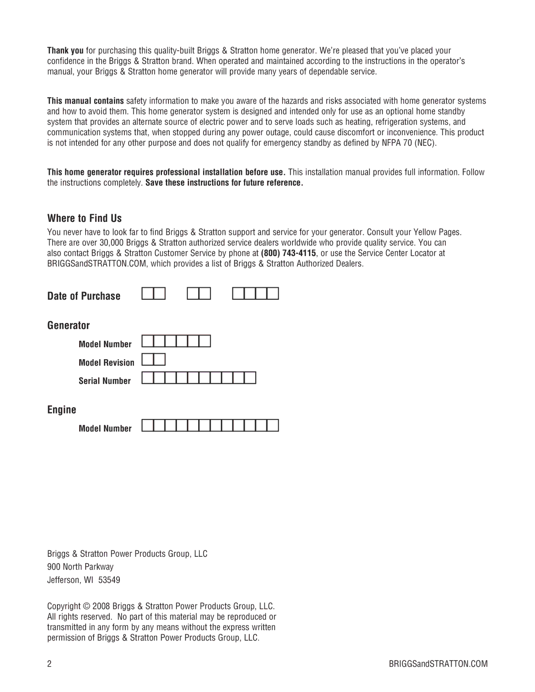 Briggs & Stratton 202826GS Where to Find Us, Date of Purchase Generator, Engine, Model Number Model Revision Serial Number 