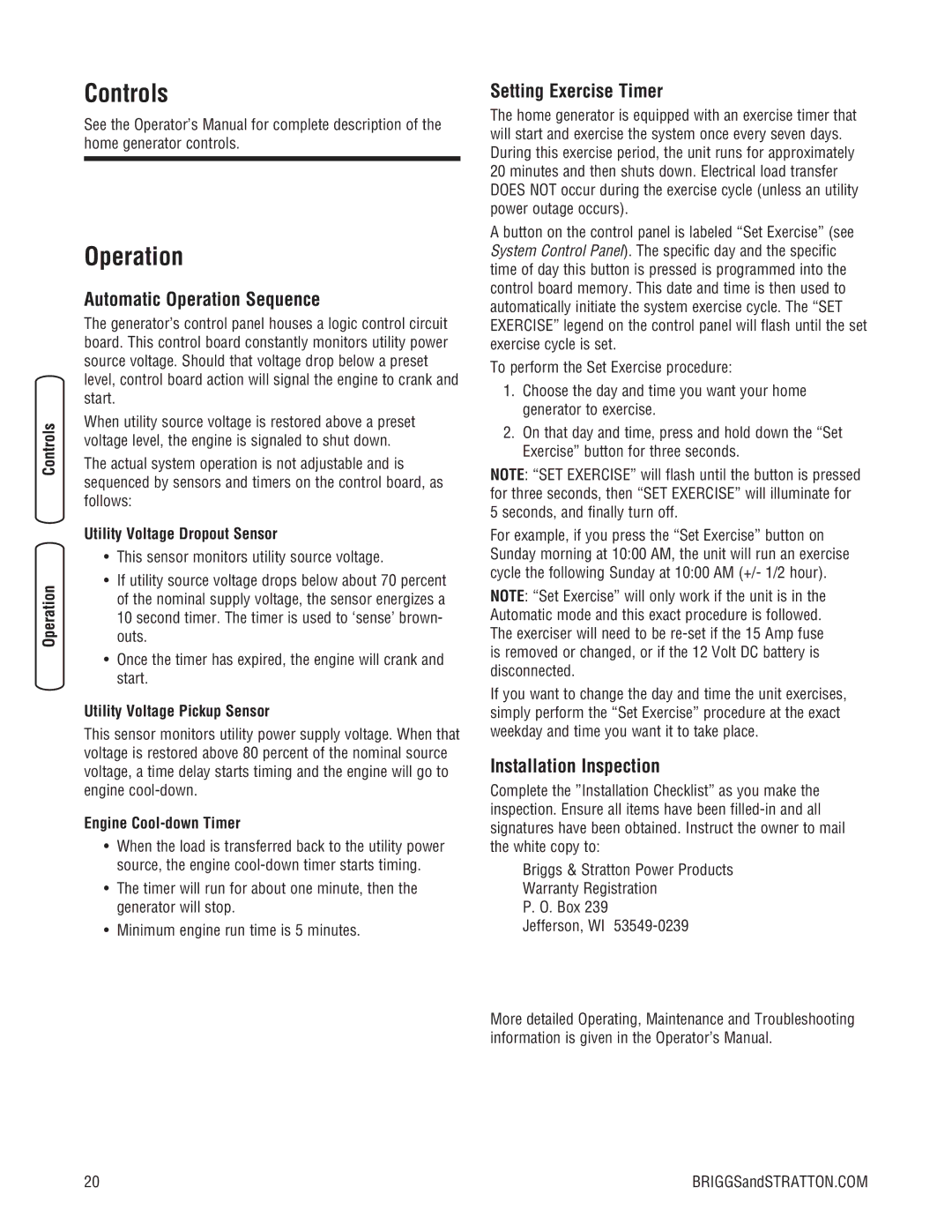 Briggs & Stratton 202826GS Controls, Automatic Operation Sequence, Setting Exercise Timer, Installation Inspection 