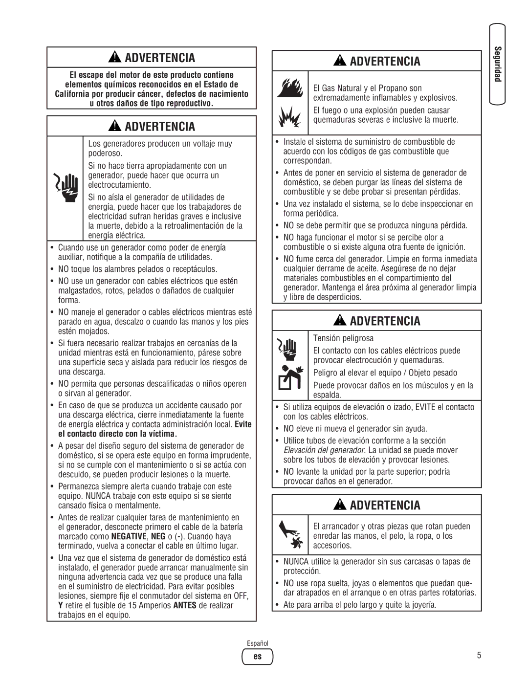 Briggs & Stratton 202826GS system manual Tensión peligrosa, Ate para arriba el pelo largo y quite la joyería 