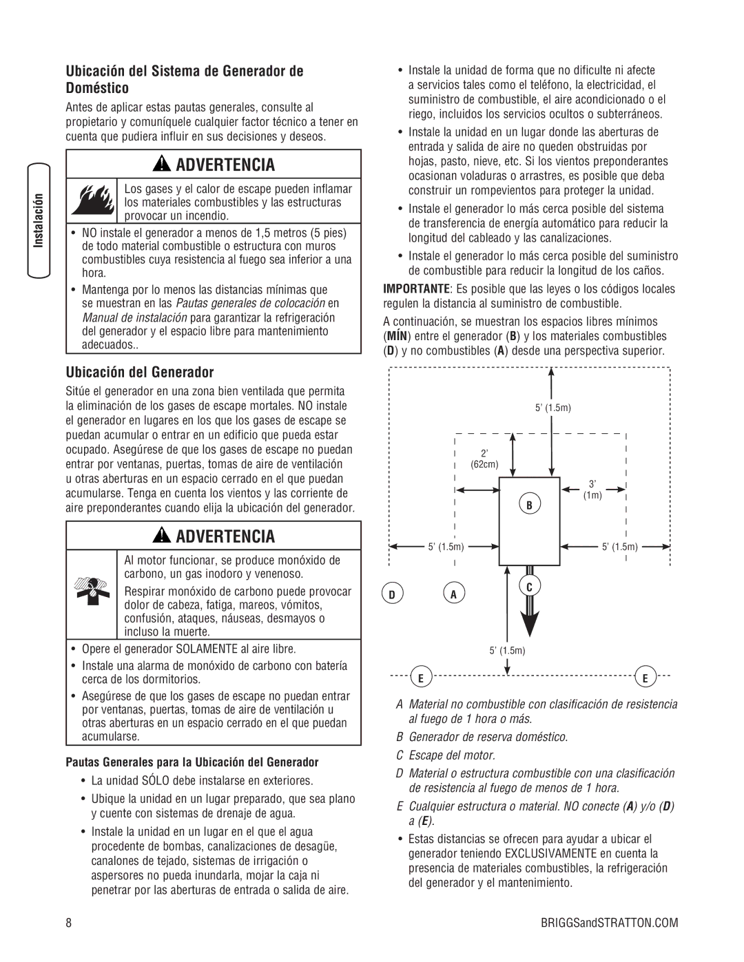 Briggs & Stratton 202826GS system manual Ubicación del Sistema de Generador de Doméstico, Ubicación del Generador 