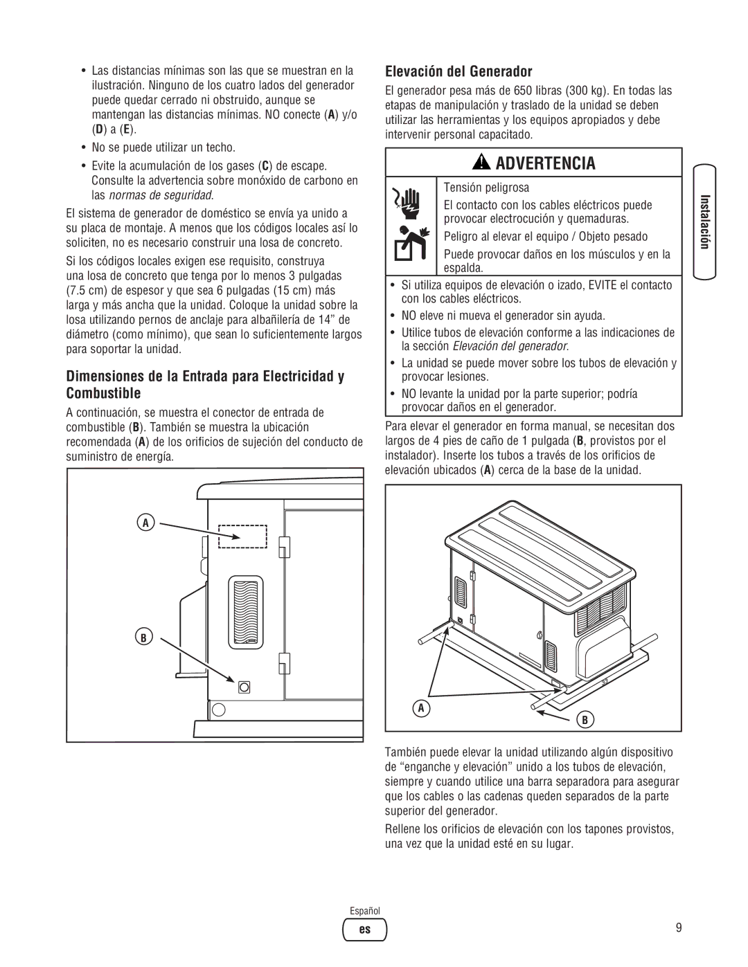 Briggs & Stratton 202826GS system manual Dimensiones de la Entrada para Electricidad y Combustible, Elevación del Generador 