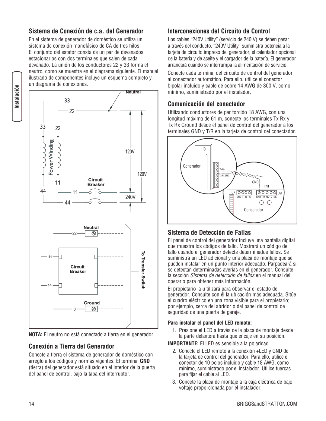 Briggs & Stratton 202826GS system manual Sistema de Conexión de c.a. del Generador, Interconexiones del Circuito de Control 