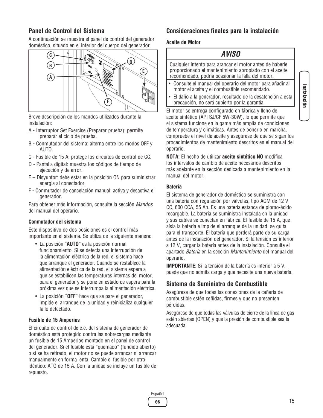 Briggs & Stratton 202826GS system manual Panel de Control del Sistema, Sistema de Suministro de Combustible 