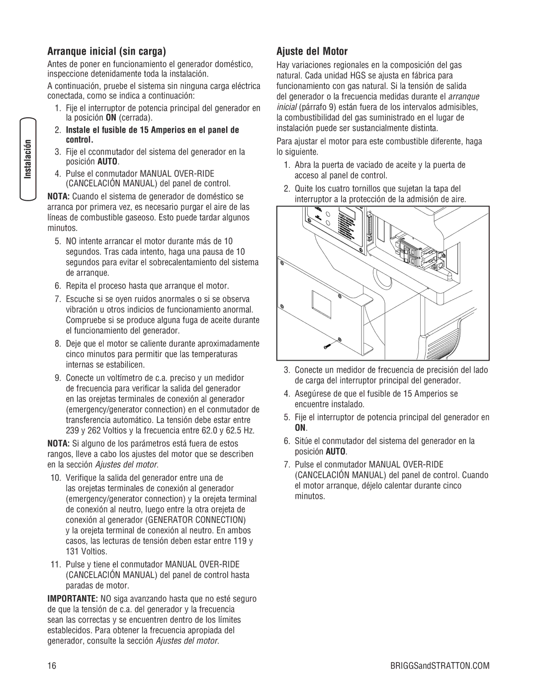 Briggs & Stratton 202826GS system manual Arranque inicial sin carga, Ajuste del Motor 