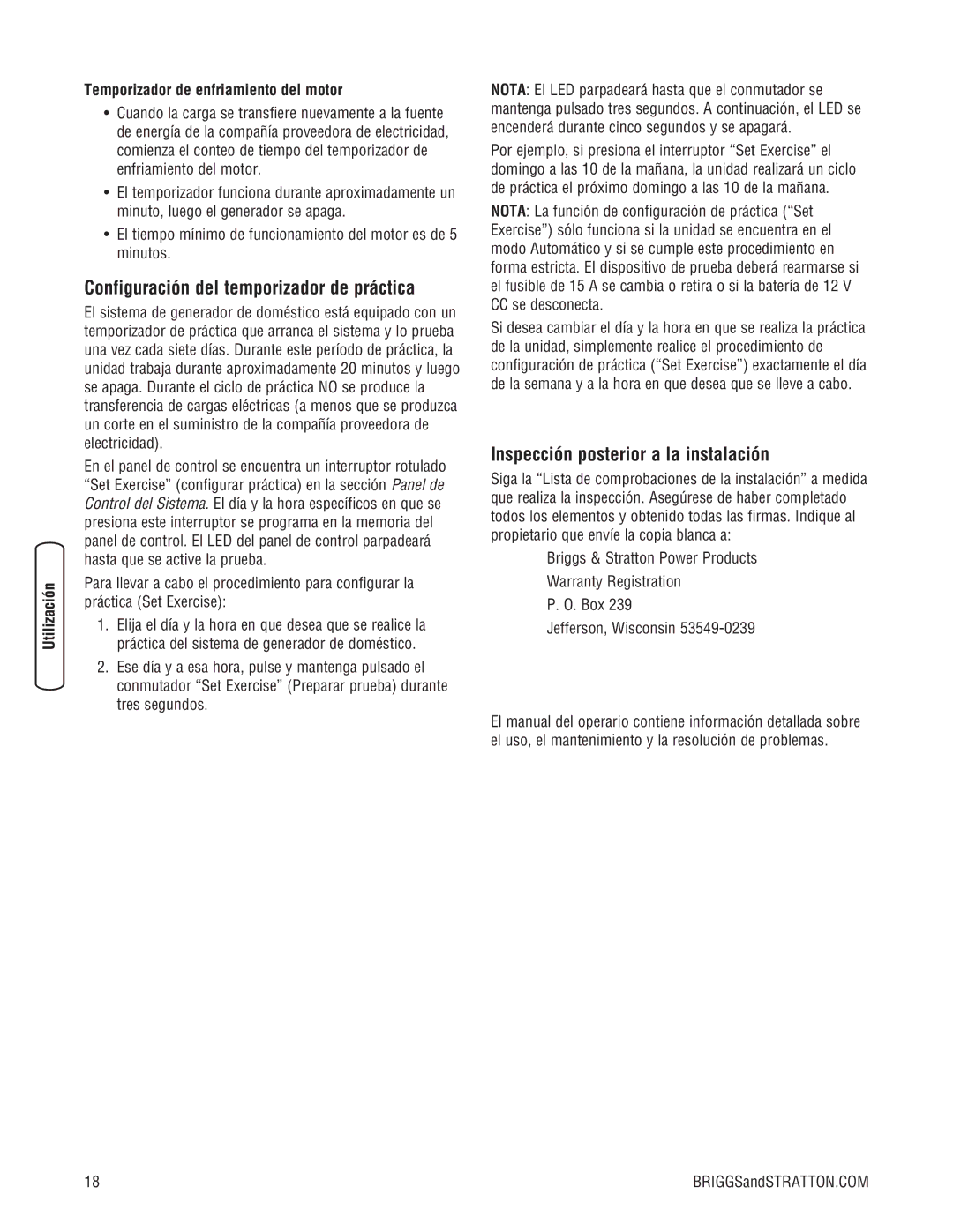 Briggs & Stratton 202826GS system manual Configuración del temporizador de práctica, Inspección posterior a la instalación 