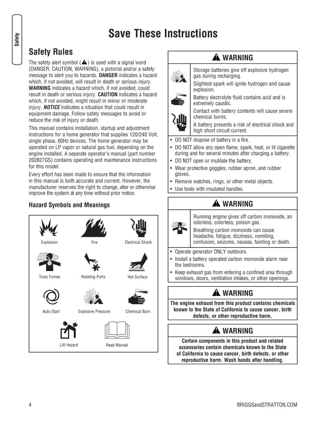 Briggs & Stratton 202826GS system manual Safety Rules, Hazard Symbols and Meanings 