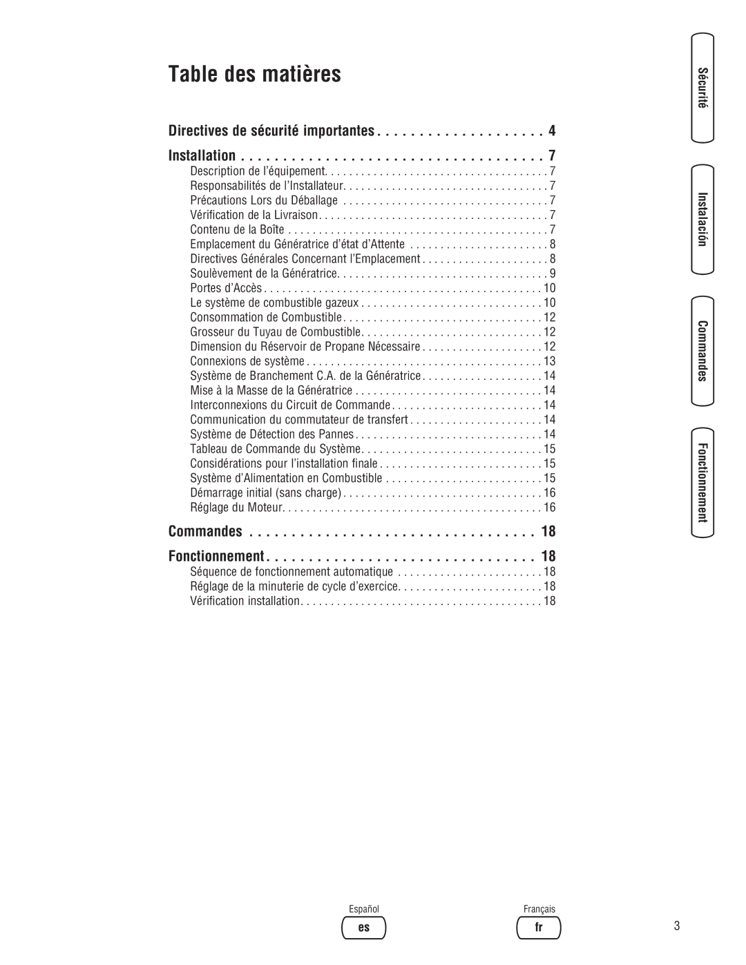 Briggs & Stratton 202826GS system manual Directives de sécurité importantes Installation, Commandes Fonctionnement 