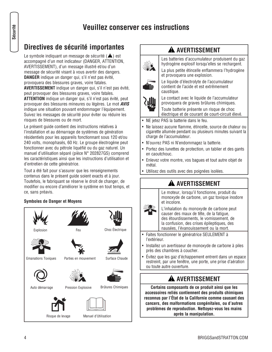 Briggs & Stratton 202826GS system manual Directives de sécurité importantes, Sécurité, Symboles de Danger et Moyens 