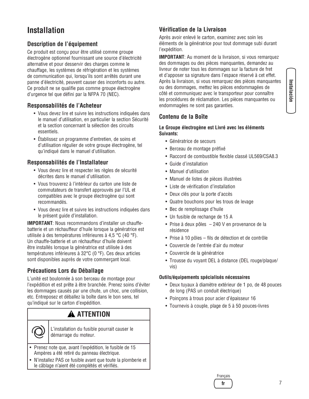 Briggs & Stratton 202826GS Description de l’équipement, Responsabilités de l’Acheteur, Responsabilités de l’Installateur 