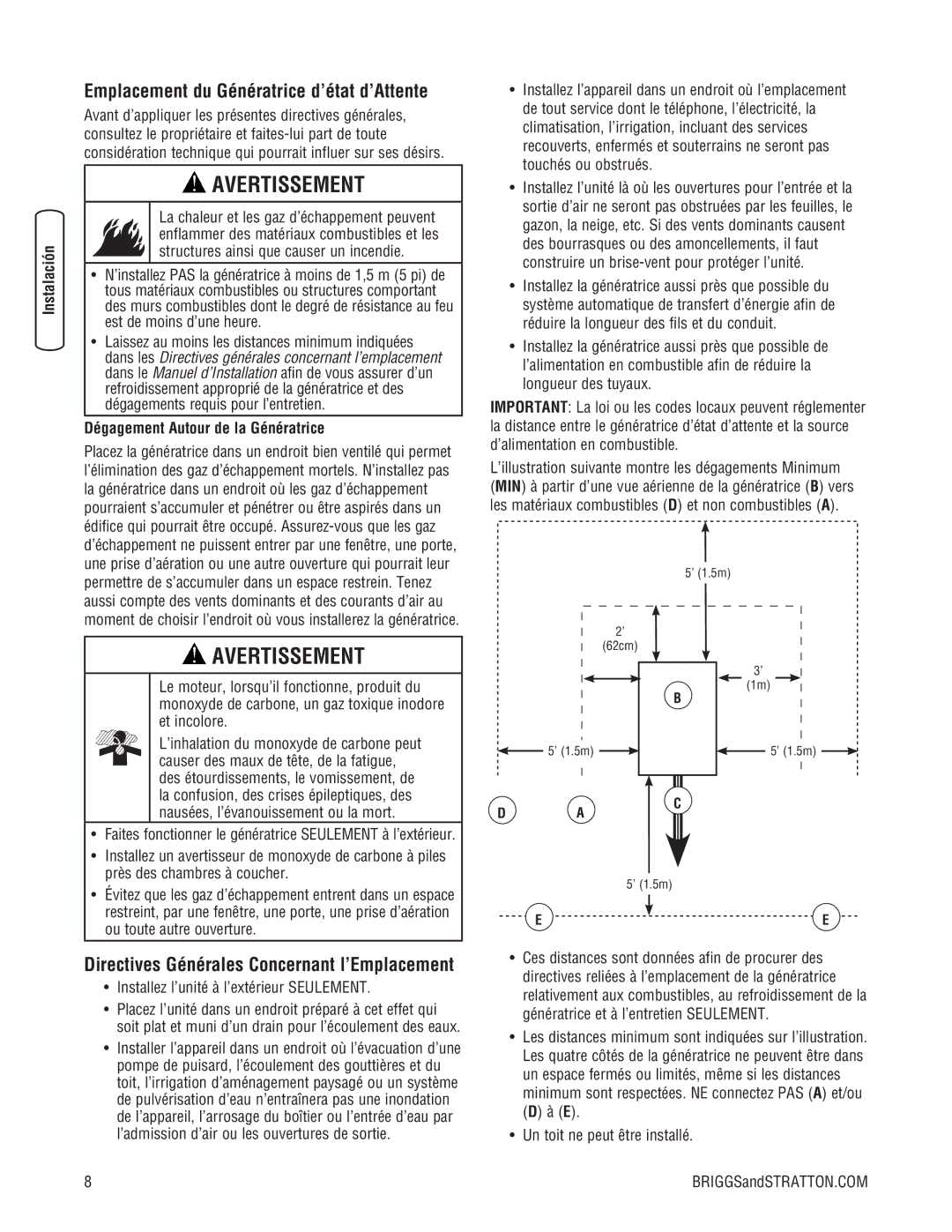 Briggs & Stratton 202826GS system manual Emplacement du Génératrice d’état d’Attente, Dégagement Autour de la Génératrice 