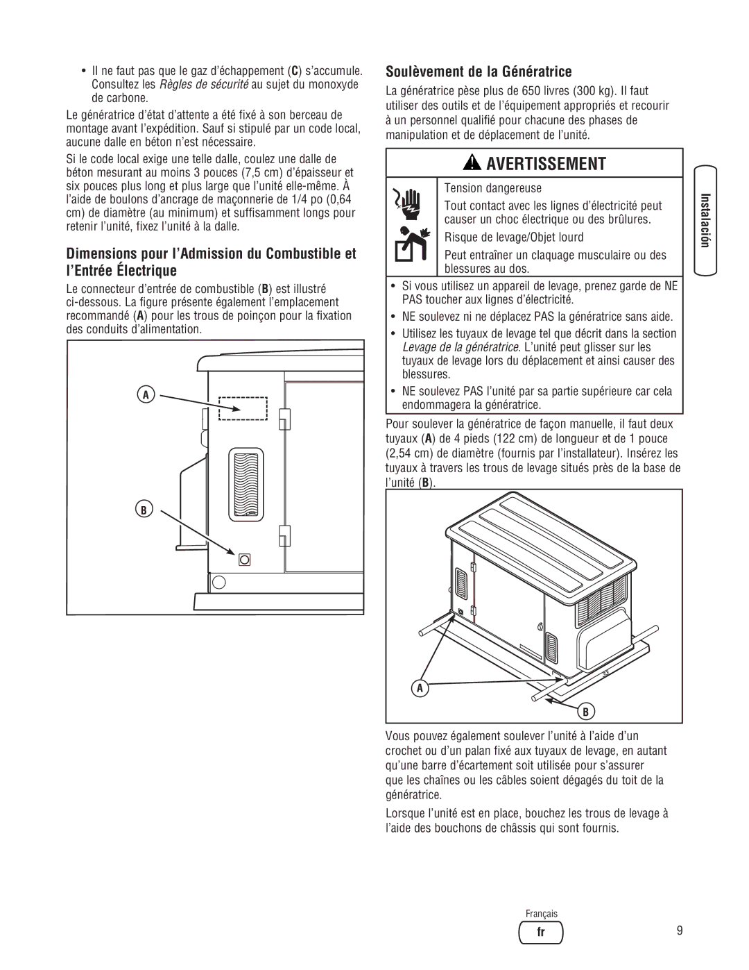 Briggs & Stratton 202826GS system manual Soulèvement de la Génératrice 