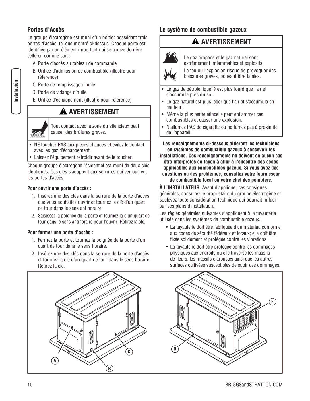 Briggs & Stratton 202826GS system manual Portes d’Accès, Le système de combustible gazeux 