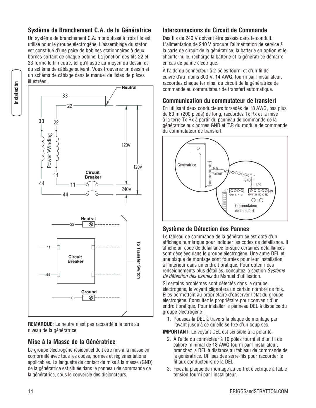 Briggs & Stratton 202826GS system manual Mise à la Masse de la Génératrice, Interconnexions du Circuit de Commande 