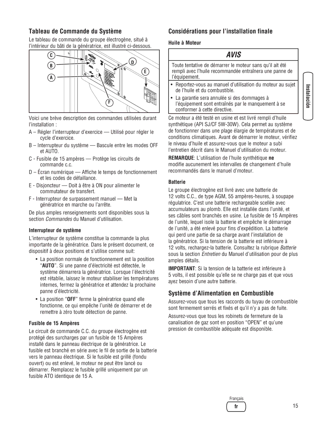 Briggs & Stratton 202826GS system manual Tableau de Commande du Système, Considérations pour l’installation finale 