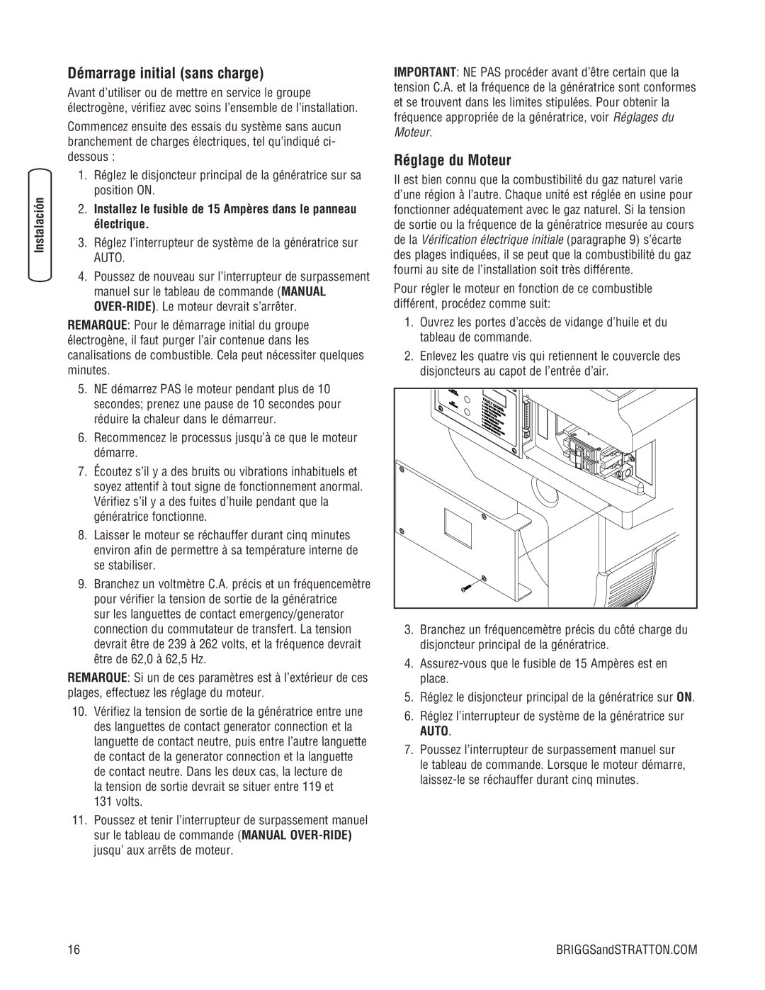 Briggs & Stratton 202826GS system manual Démarrage initial sans charge, Réglage du Moteur 