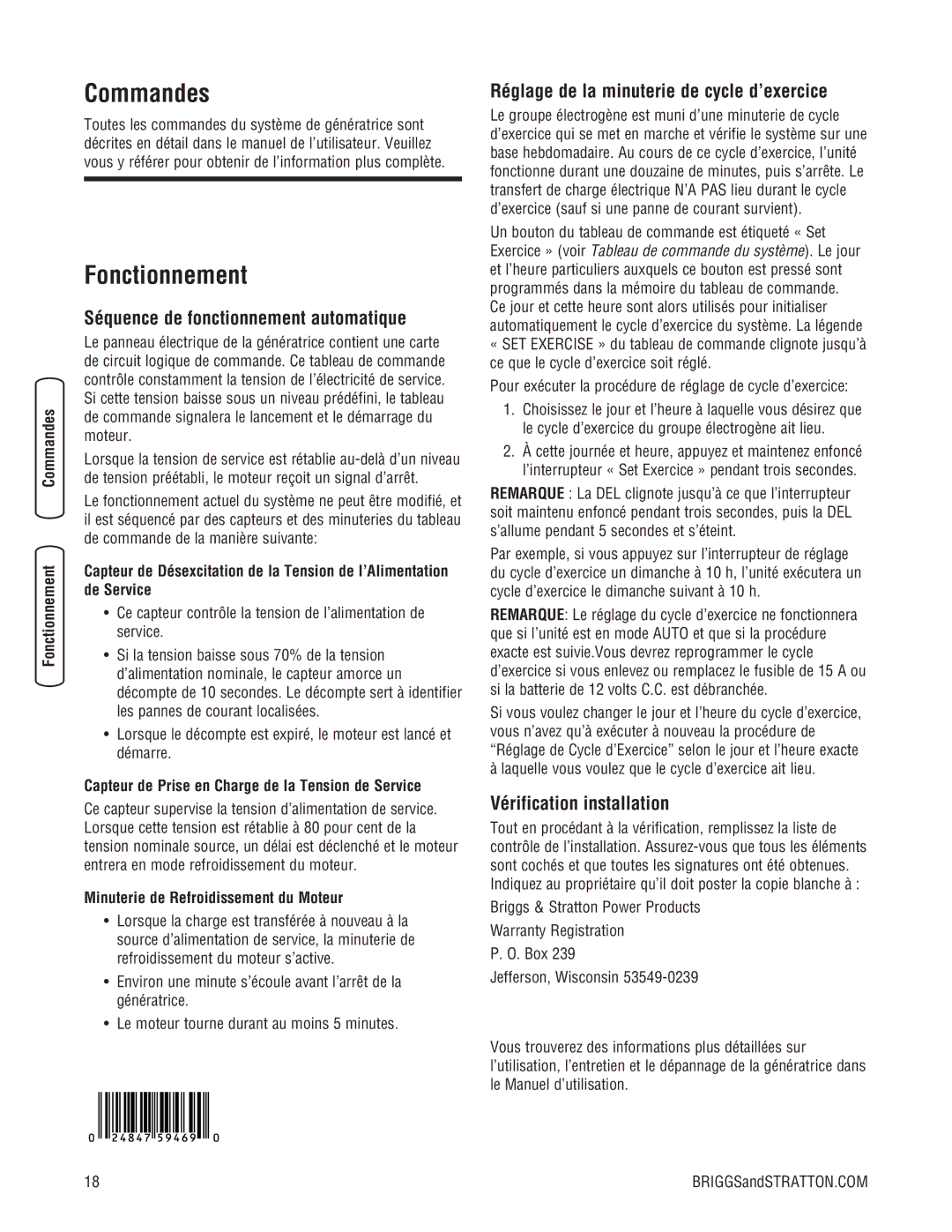 Briggs & Stratton 202826GS Commandes, Fonctionnement, Séquence de fonctionnement automatique, Vérification installation 