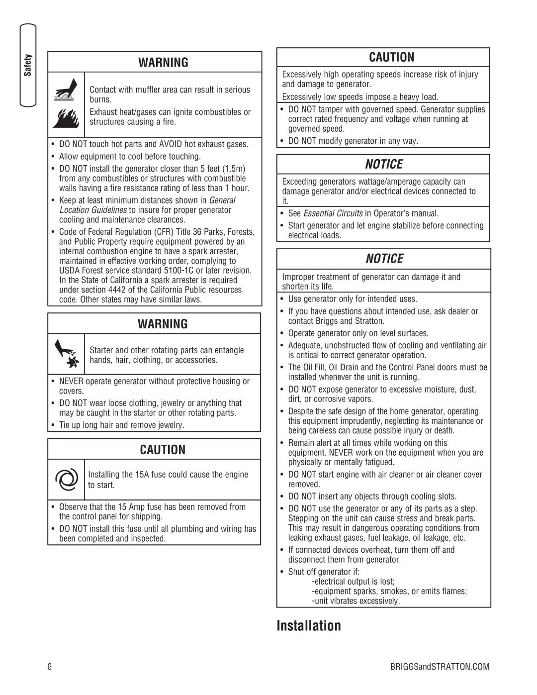 Briggs & Stratton 202826GS system manual Installation, Never operate generator without protective housing or covers 