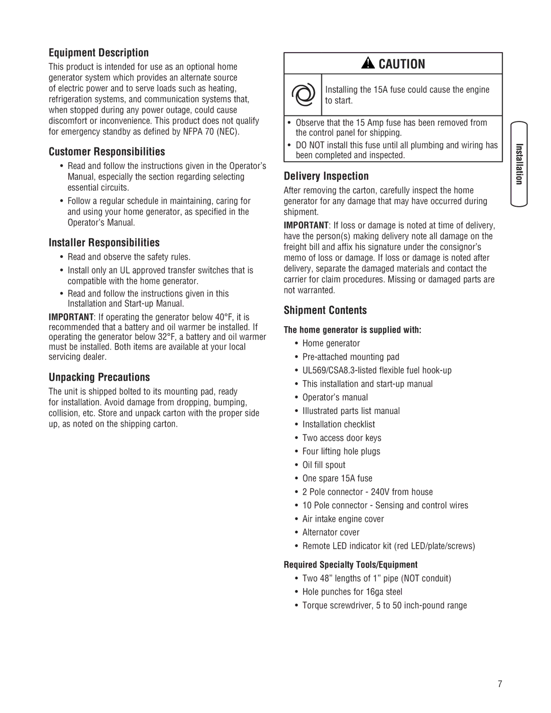 Briggs & Stratton 202826GS Equipment Description, Customer Responsibilities, Installer Responsibilities, Shipment Contents 