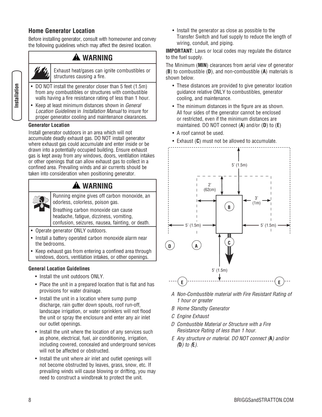 Briggs & Stratton 202826GS system manual Home Generator Location, General Location Guidelines 