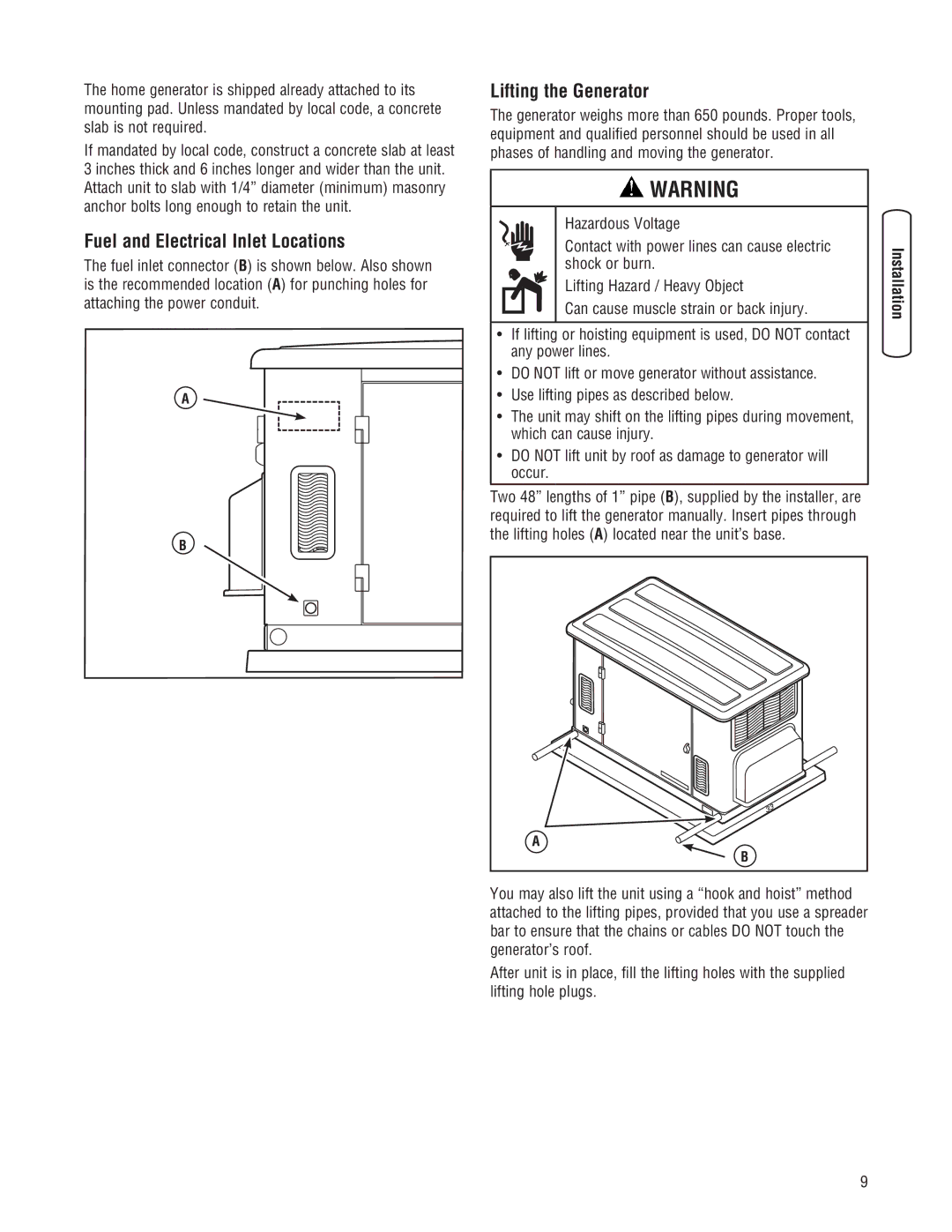 Briggs & Stratton 202826GS system manual Fuel and Electrical Inlet Locations, Lifting the Generator 