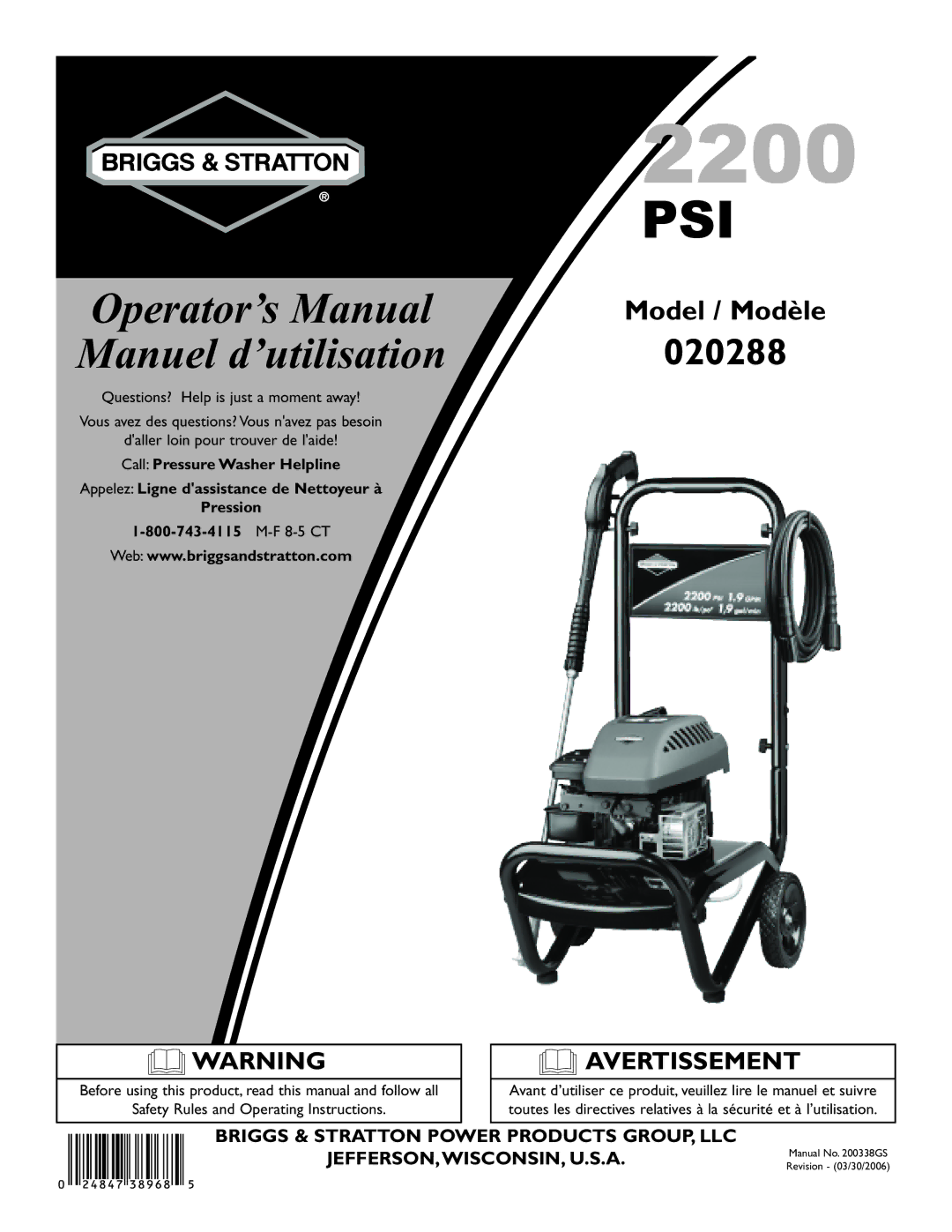 Briggs & Stratton 20288 manuel dutilisation Operator’s Manual Manuel d’utilisation 