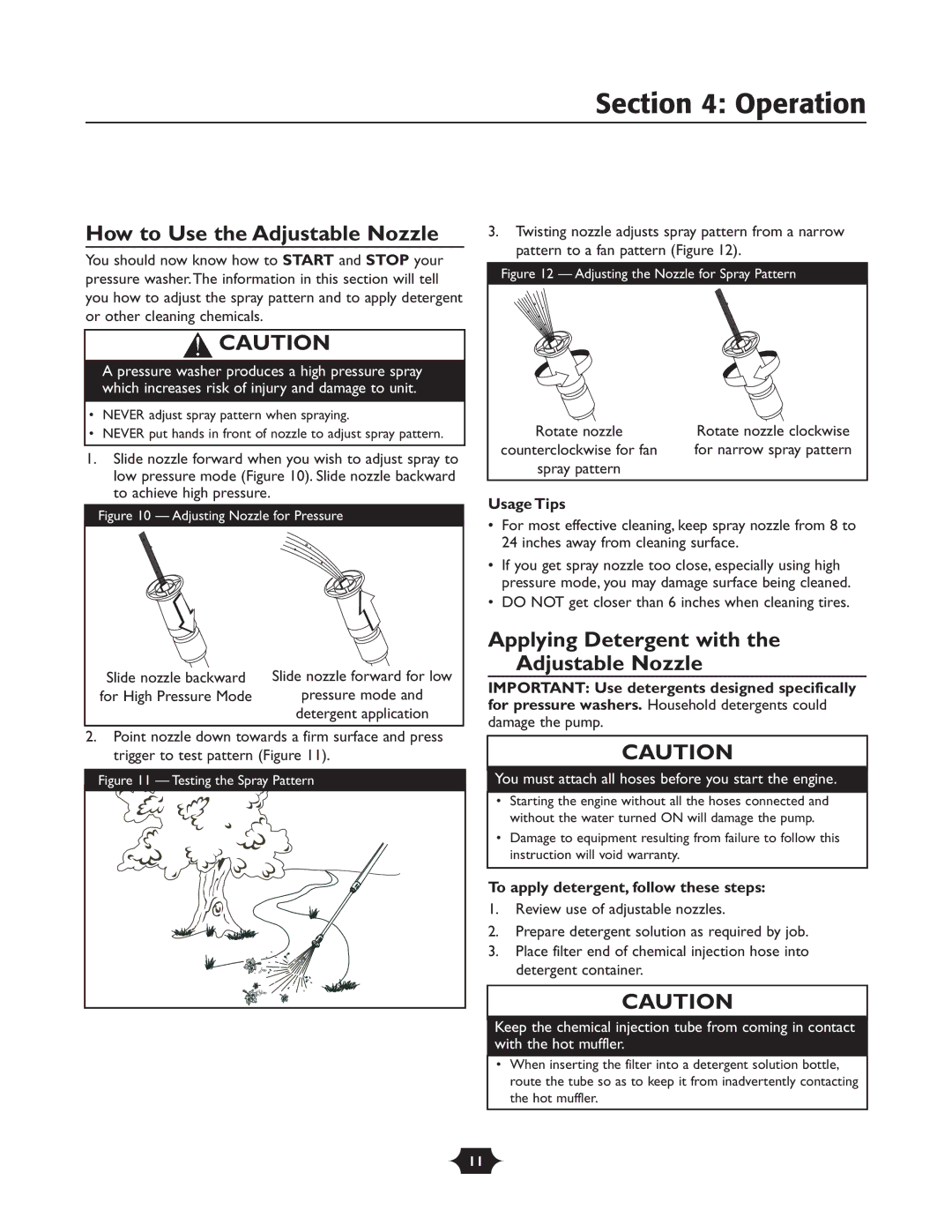 Briggs & Stratton 20288 How to Use the Adjustable Nozzle, Applying Detergent with the Adjustable Nozzle, Usage Tips 