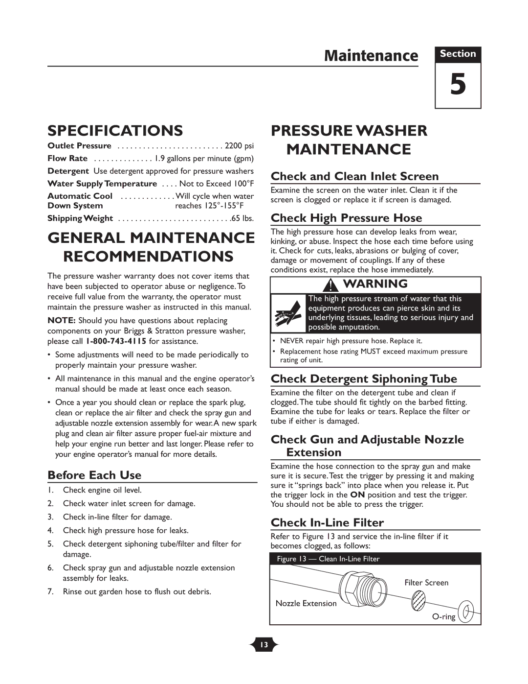 Briggs & Stratton 20288 manuel dutilisation Maintenance Section, Specifications, General Maintenance Recommendations 