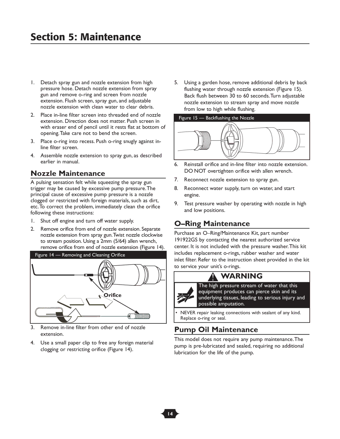 Briggs & Stratton 20288 manuel dutilisation Nozzle Maintenance, Ring Maintenance, Pump Oil Maintenance, Orifice 