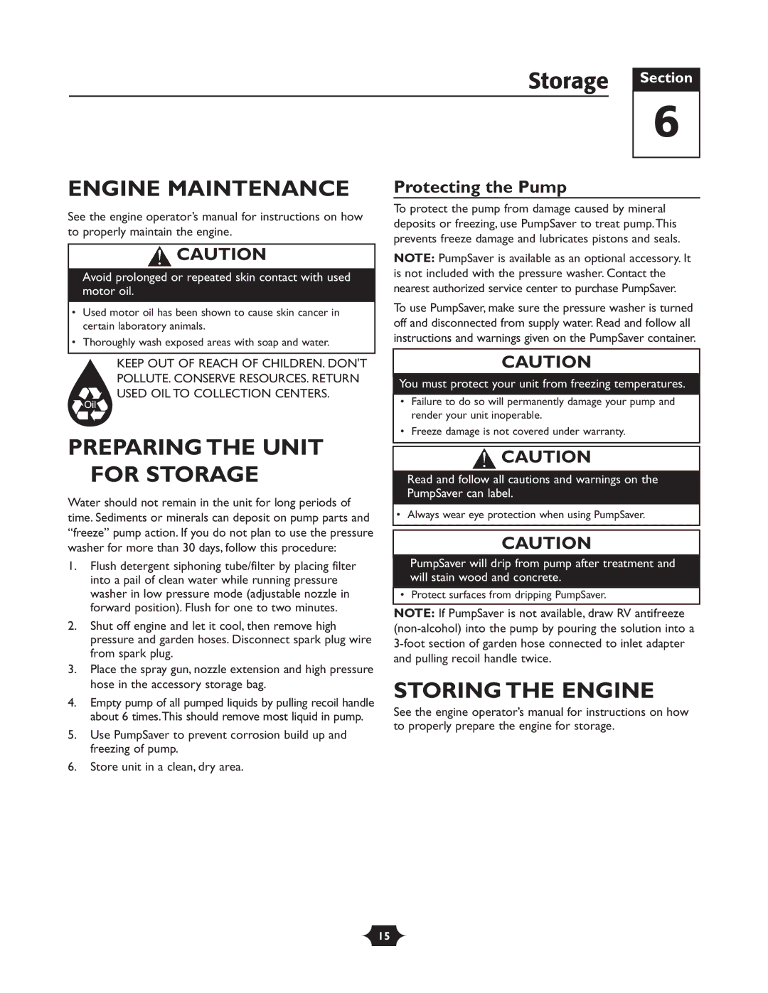 Briggs & Stratton 20288 Storage Section, Engine Maintenance, Preparing the Unit for Storage, Storing the Engine 