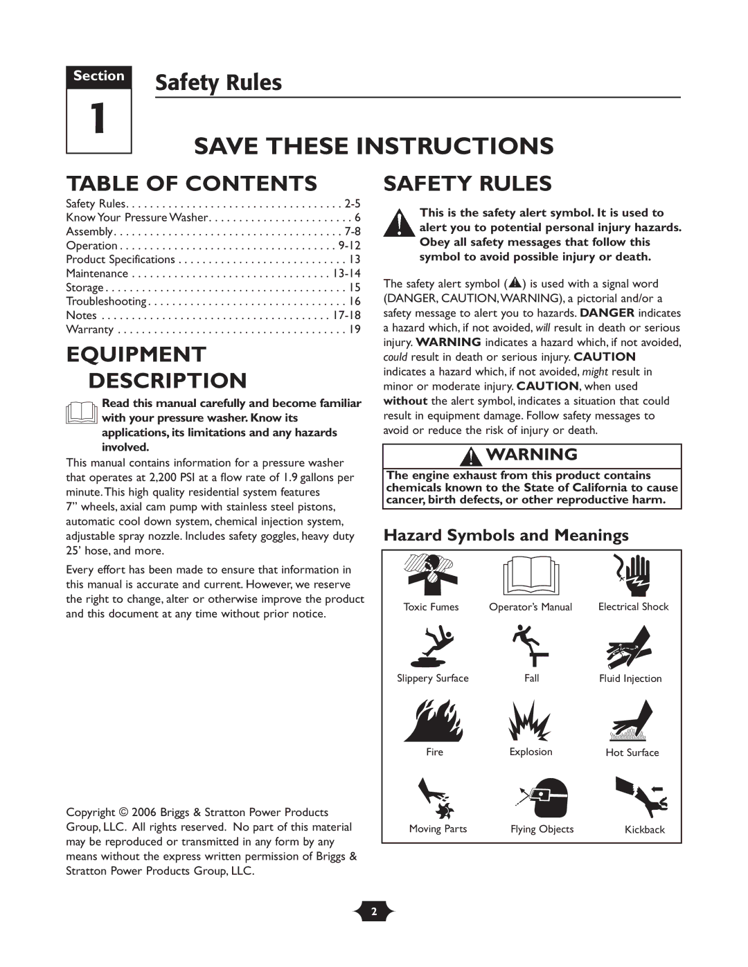 Briggs & Stratton 20288 manuel dutilisation Table of Contents, Equipment Description, Safety Rules 