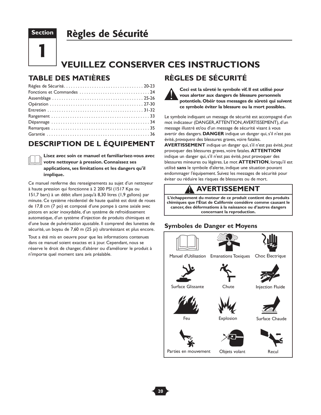 Briggs & Stratton 20288 Règles de Sécurité, Table DES Matières, Description DE L Équipement, Règles DE Sécurité 