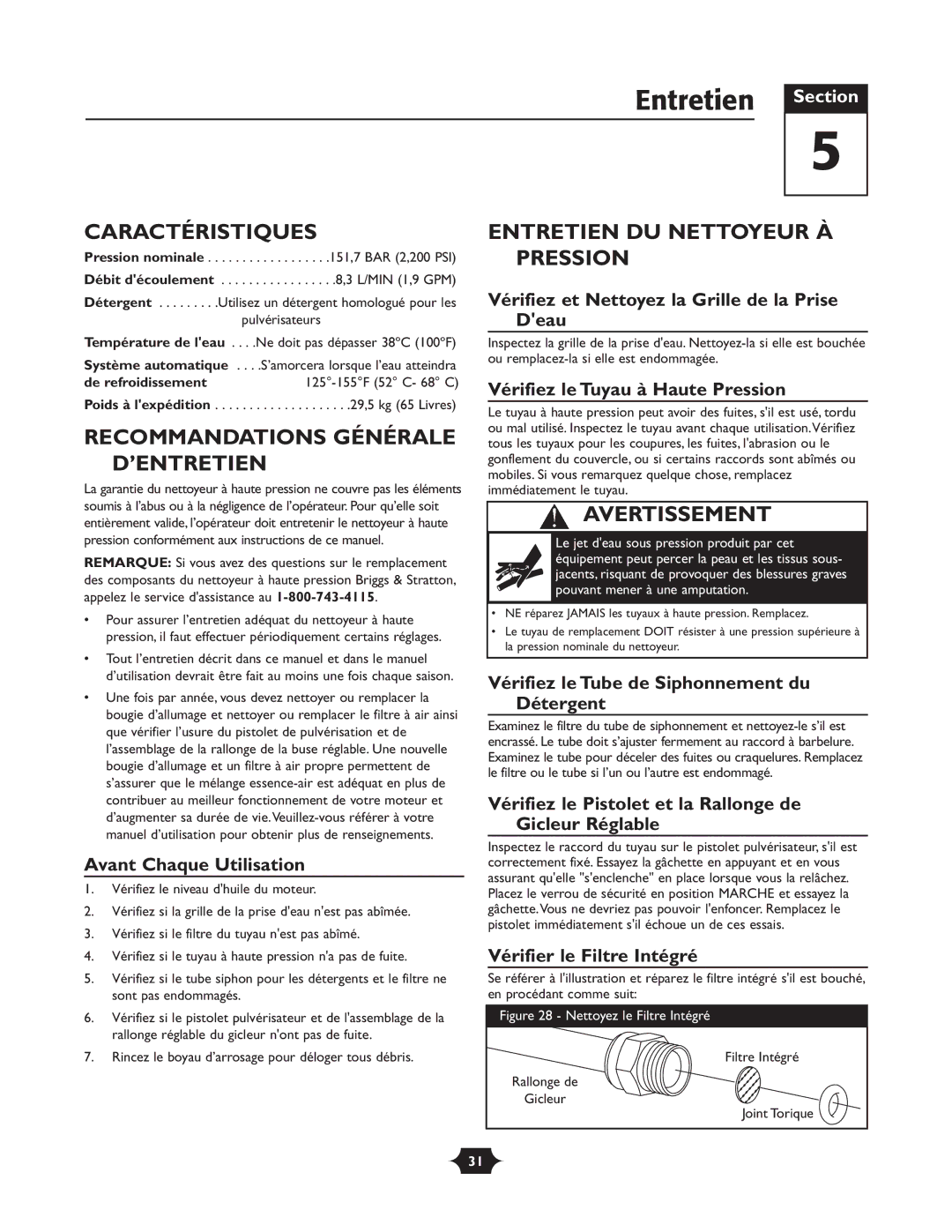 Briggs & Stratton 20288 manuel dutilisation Entretien Section, Caractéristiques, Recommandations Générale D’ENTRETIEN 