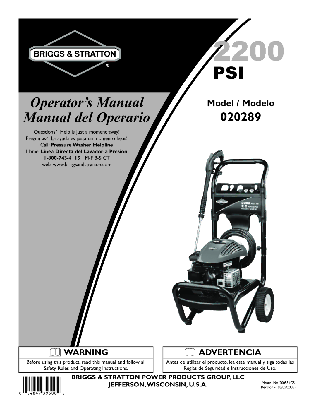 Briggs & Stratton 20289 manual Operator’s Manual Manual del Operario 