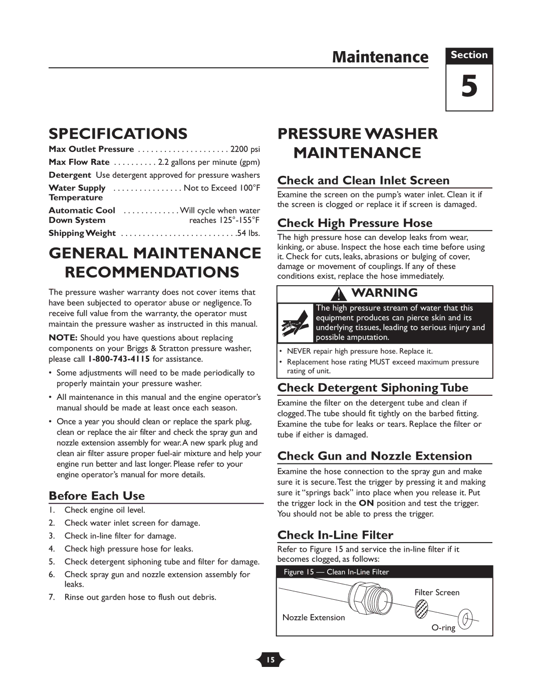 Briggs & Stratton 20289 manual Maintenance Section, Specifications, General Maintenance Recommendations 