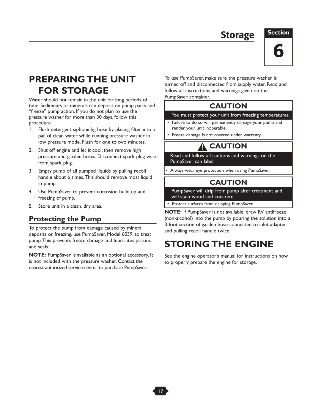 Briggs & Stratton 20289 manual Preparing the Unit for Storage, Storing the Engine, Protecting the Pump 