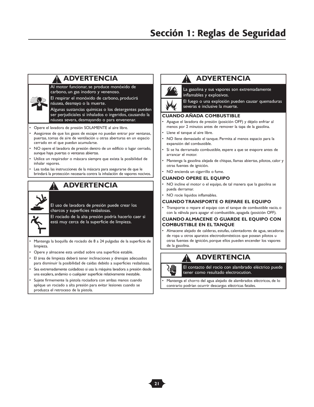 Briggs & Stratton 20289 manual Sección 1 Reglas de Seguridad, Cuando Añada Combustible 