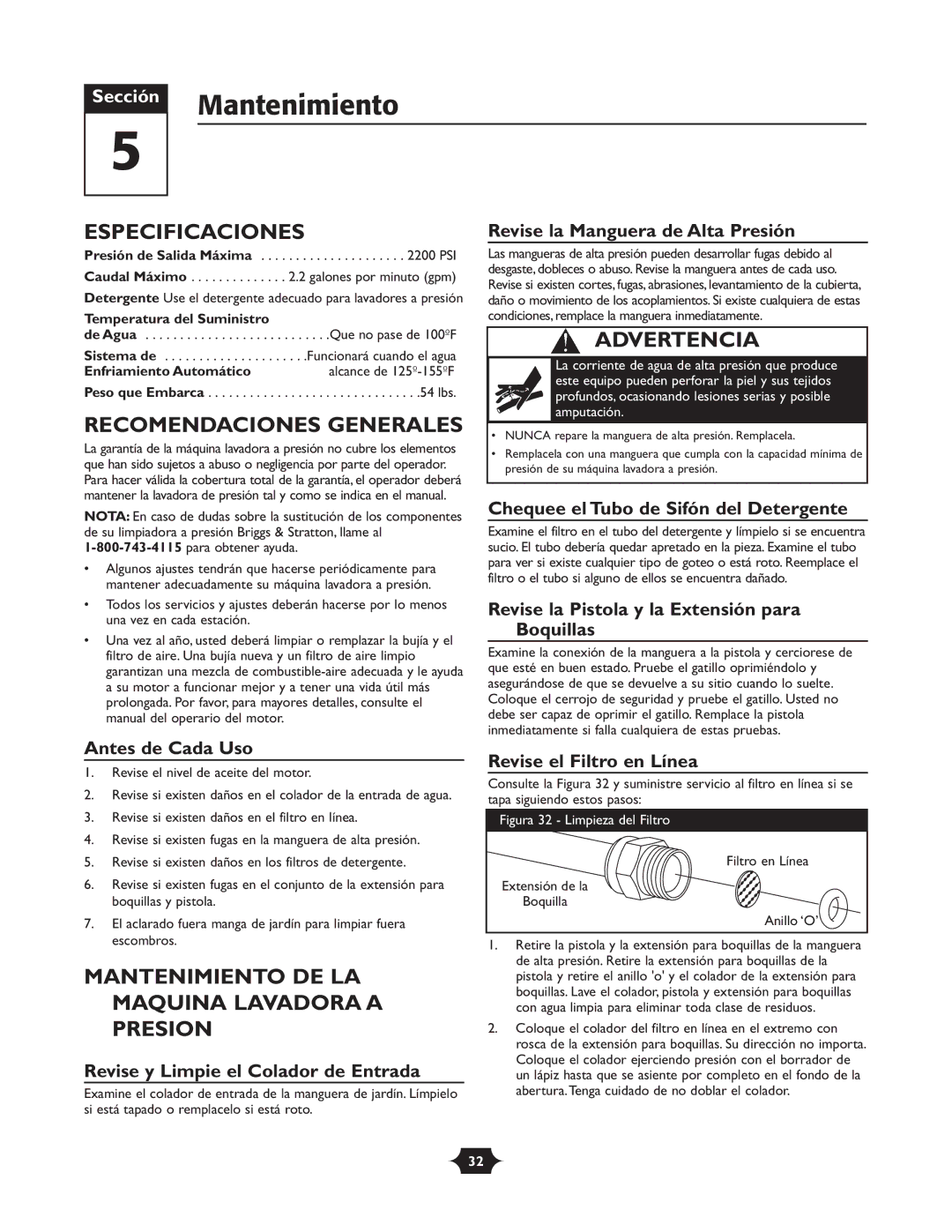 Briggs & Stratton 20289 manual Mantenimiento, Especificaciones, Recomendaciones Generales 