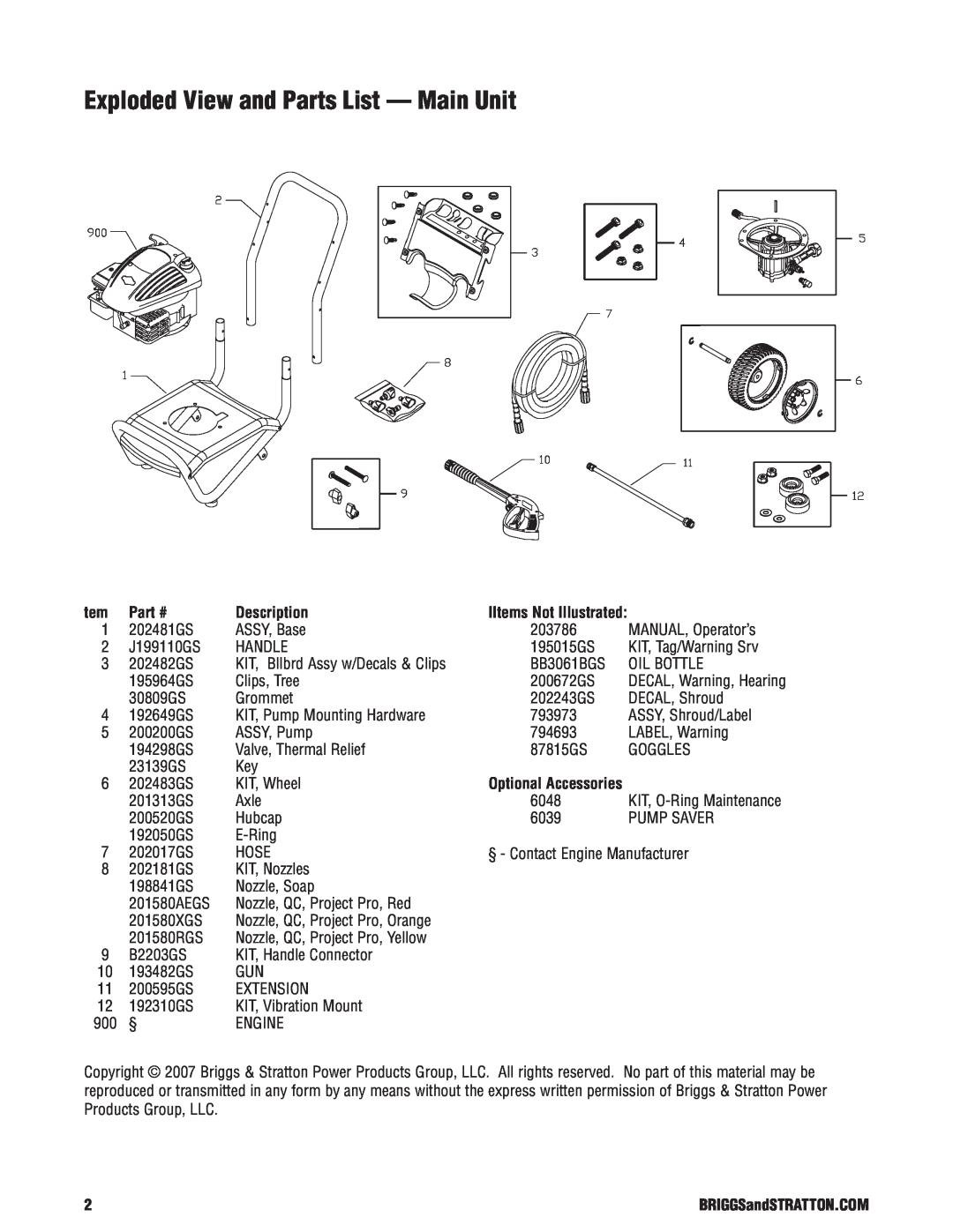 Briggs & Stratton 20305 manual Exploded View and Parts List — Main Unit, Description 