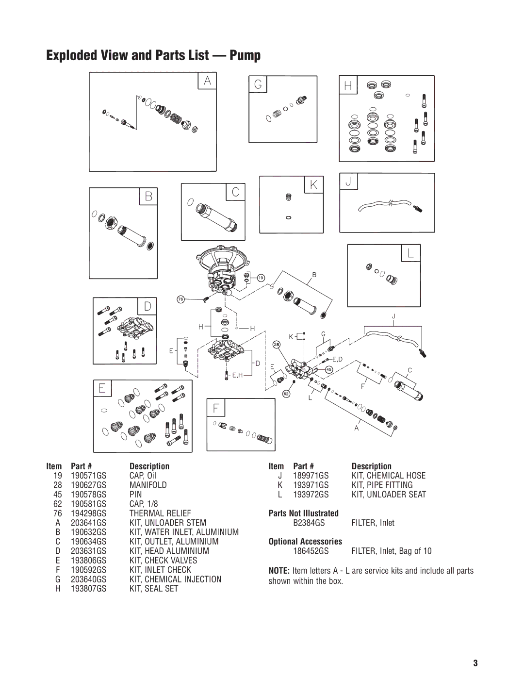 Briggs & Stratton 20319 manual Exploded View and Parts List Pump, Parts Not Illustrated 