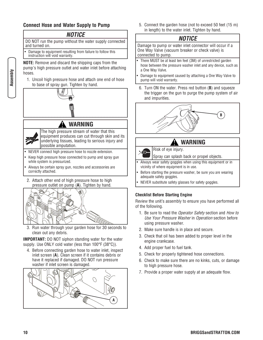 Briggs & Stratton 20341 manual Connect Hose and Water Supply to Pump, Checklist Before Starting Engine 