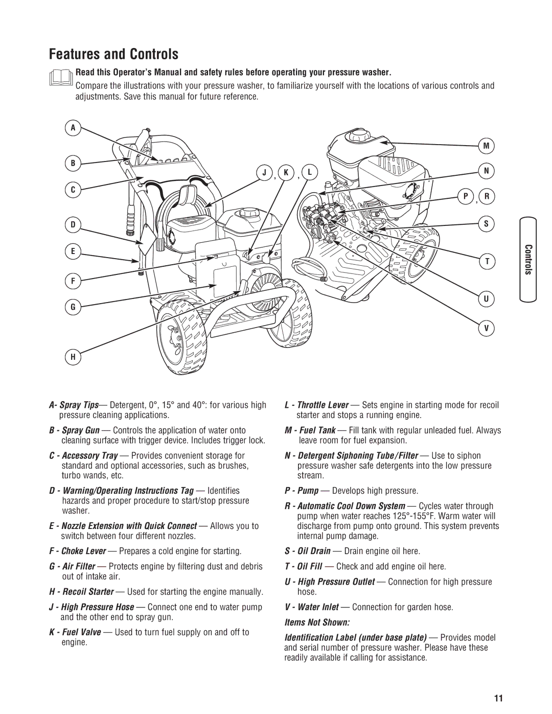 Briggs & Stratton 20341 manual Features and Controls, Pump Develops high pressure, Water Inlet Connection for garden hose 