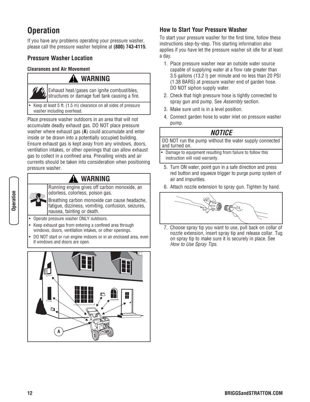 Briggs & Stratton 20341 manual Operation, Pressure Washer Location, How to Start Your Pressure Washer 